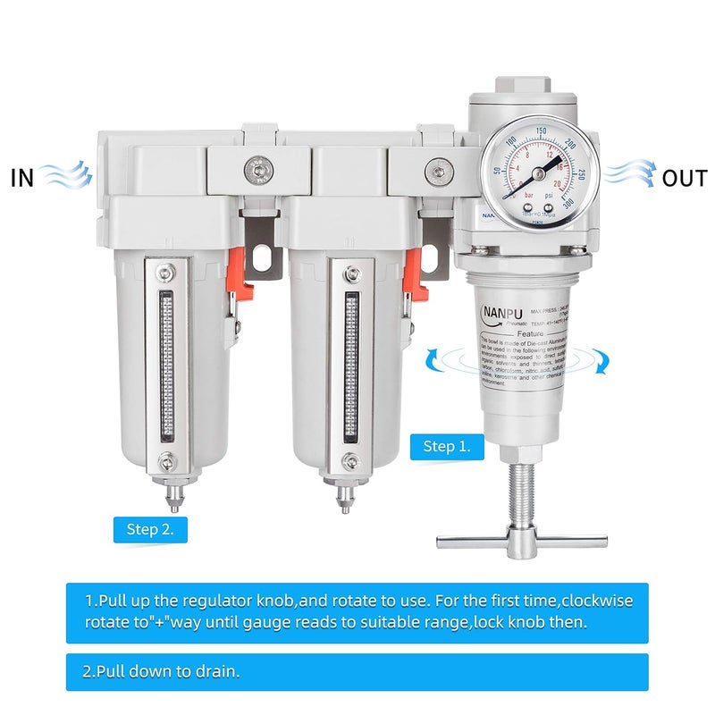 NANPU 1/2" NPT T-Handle High Pressure Air Drying System - Double 5 Micron Particulate Filter & Air Pressure Regulator Piston Combo, Semi-Auto Drain＆Gauge - Image 5